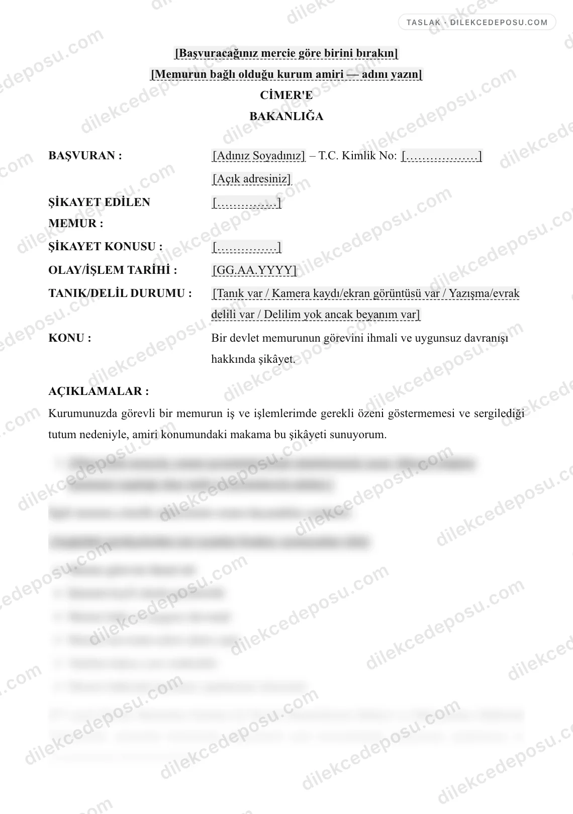 Memur Şikayet Dilekçesi Örneği – taslağın ilk bölümünün önizlemesi