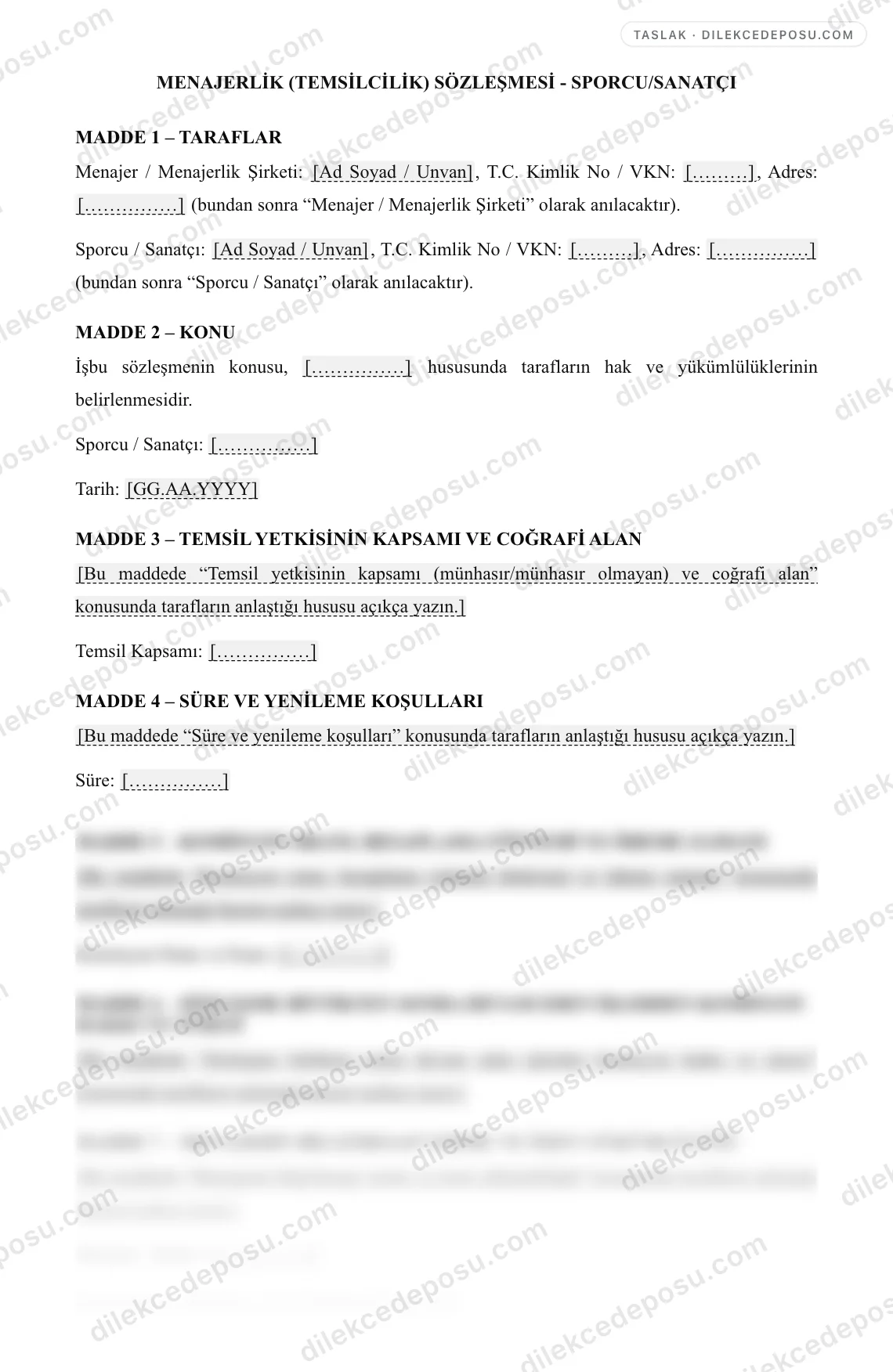 Menajerlik (Temsilcilik) Sözleşmesi - Sporcu/Sanatçı Örneği – taslağın ilk bölümünün önizlemesi