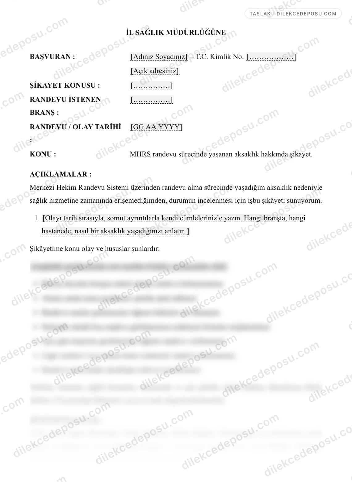 MHRS Randevu Şikayeti Dilekçesi Örneği – taslağın ilk bölümünün önizlemesi