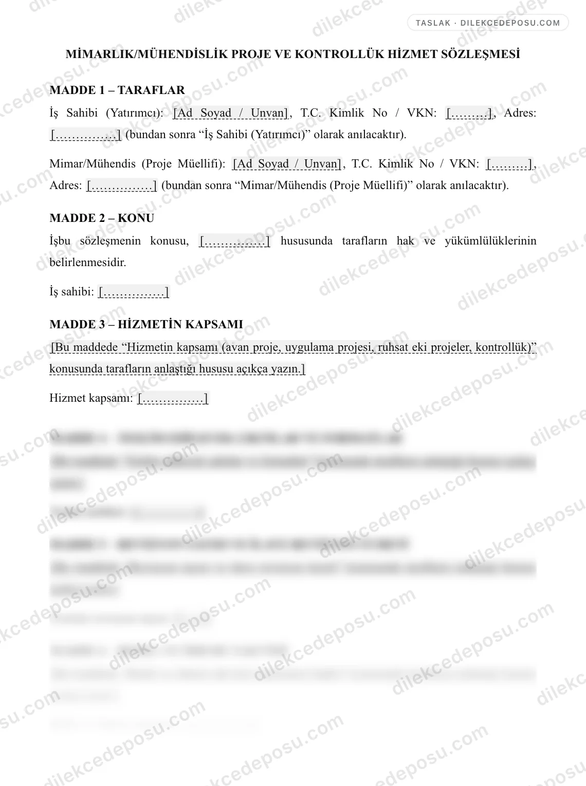 Mimarlık/Mühendislik Proje ve Kontrollük Hizmet Sözleşmesi Örneği – taslağın ilk bölümünün önizlemesi