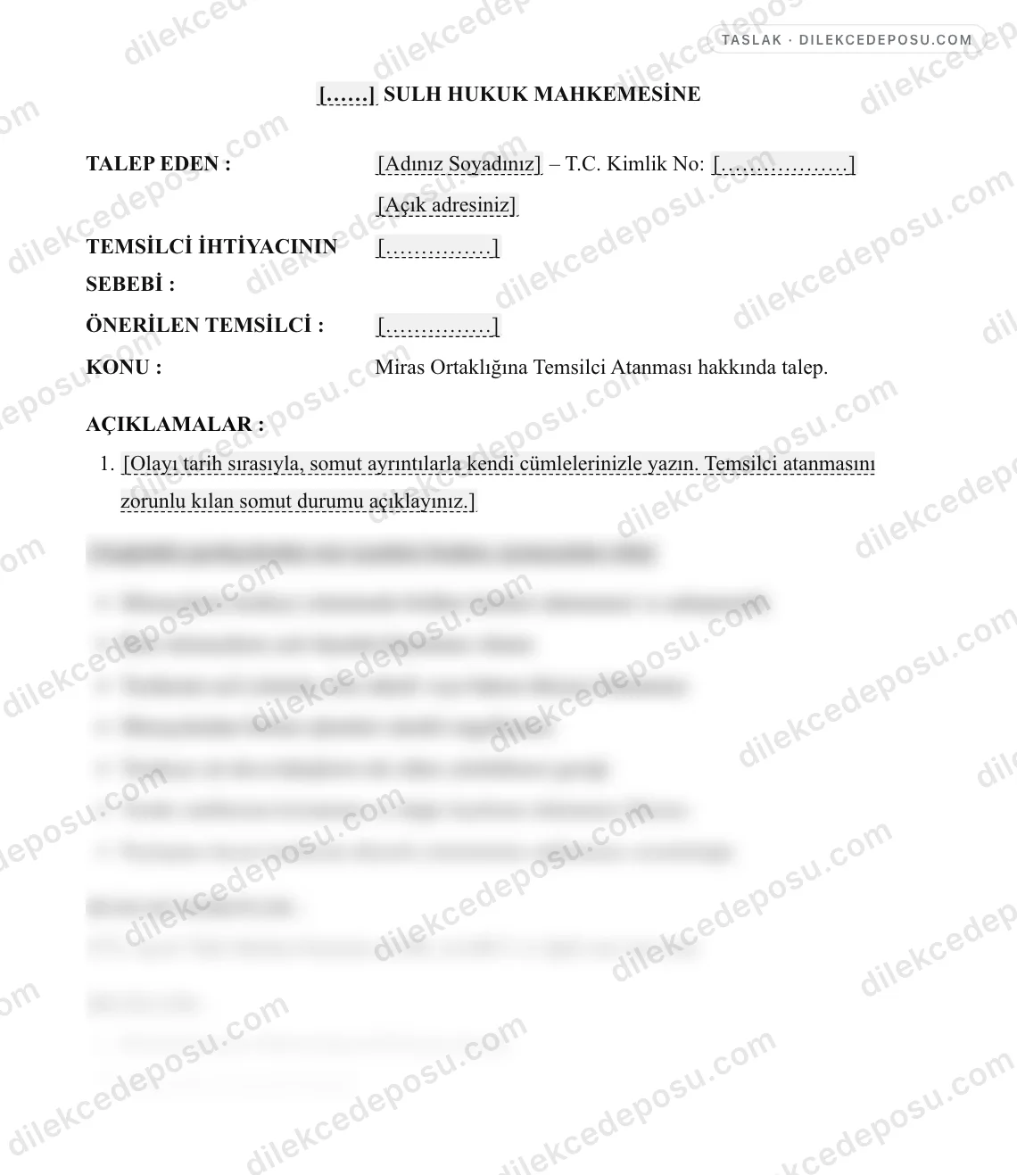 Miras Ortaklığına Temsilci Atanması Talebi Dilekçesi Örneği – taslağın ilk bölümünün önizlemesi