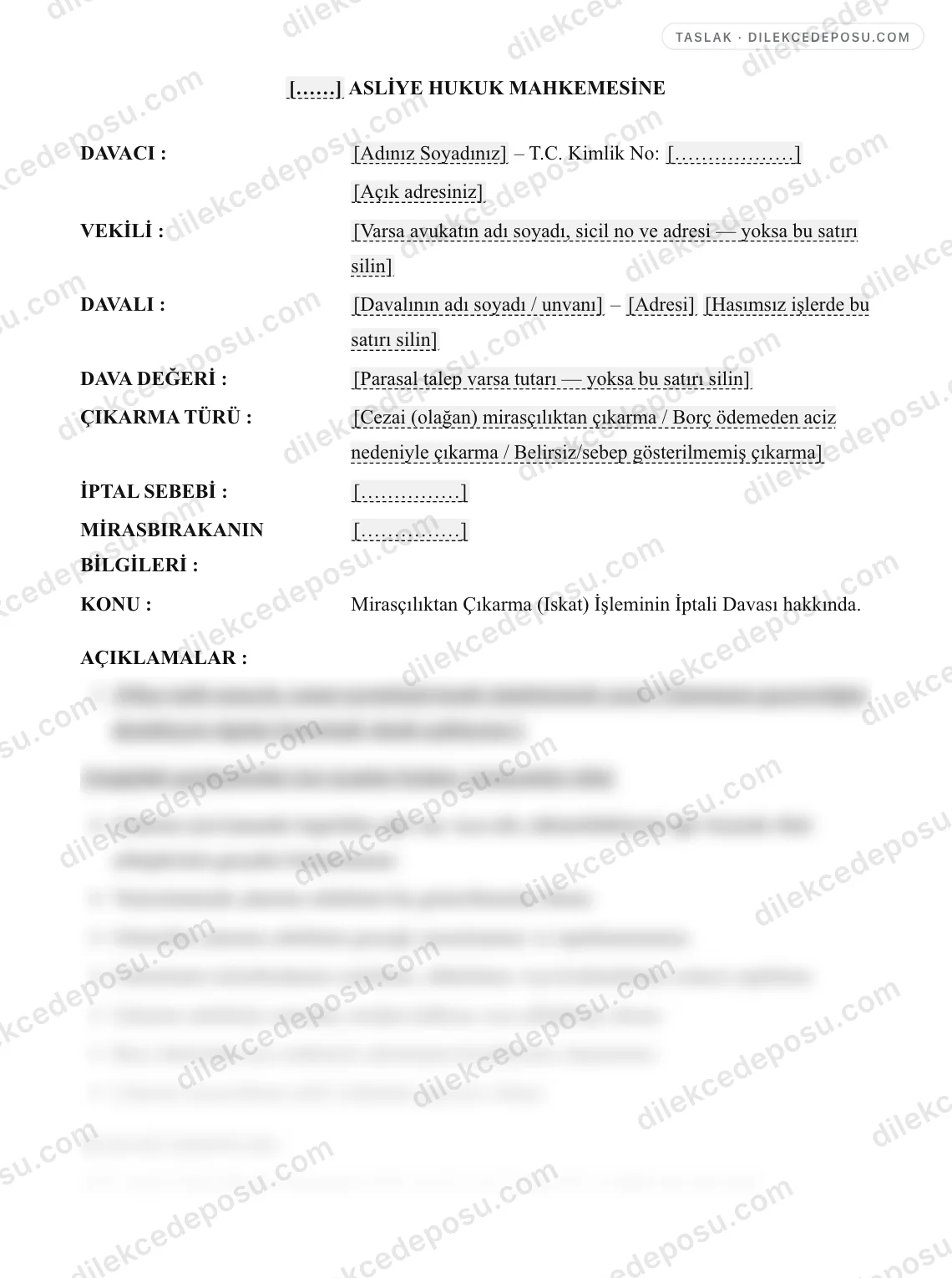 Mirasçılıktan Çıkarma (Iskat) İşleminin İptali Davası Örneği – taslağın ilk bölümünün önizlemesi