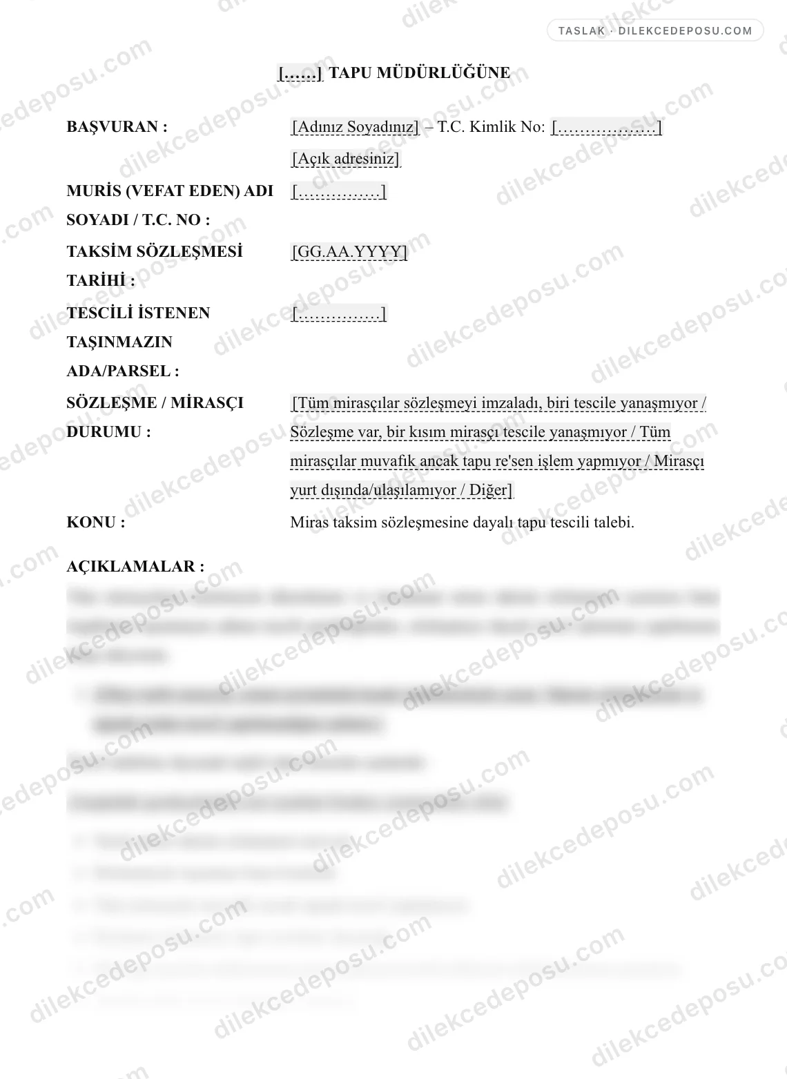 Mirasın Taksimi Sözleşmesine Dayalı Tescil Talebi Örneği – taslağın ilk bölümünün önizlemesi