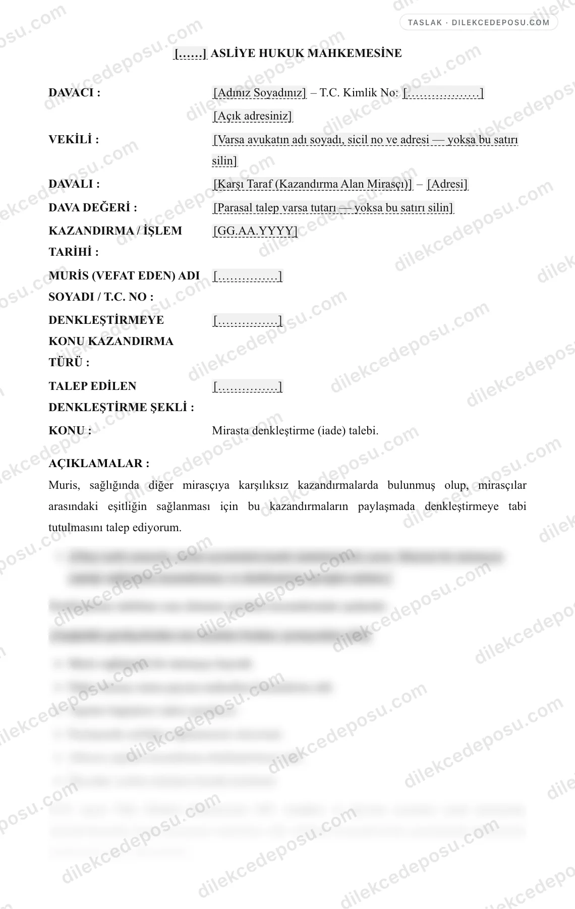 Mirasta Denkleştirme (İade) Talebi Davası Örneği – taslağın ilk bölümünün önizlemesi
