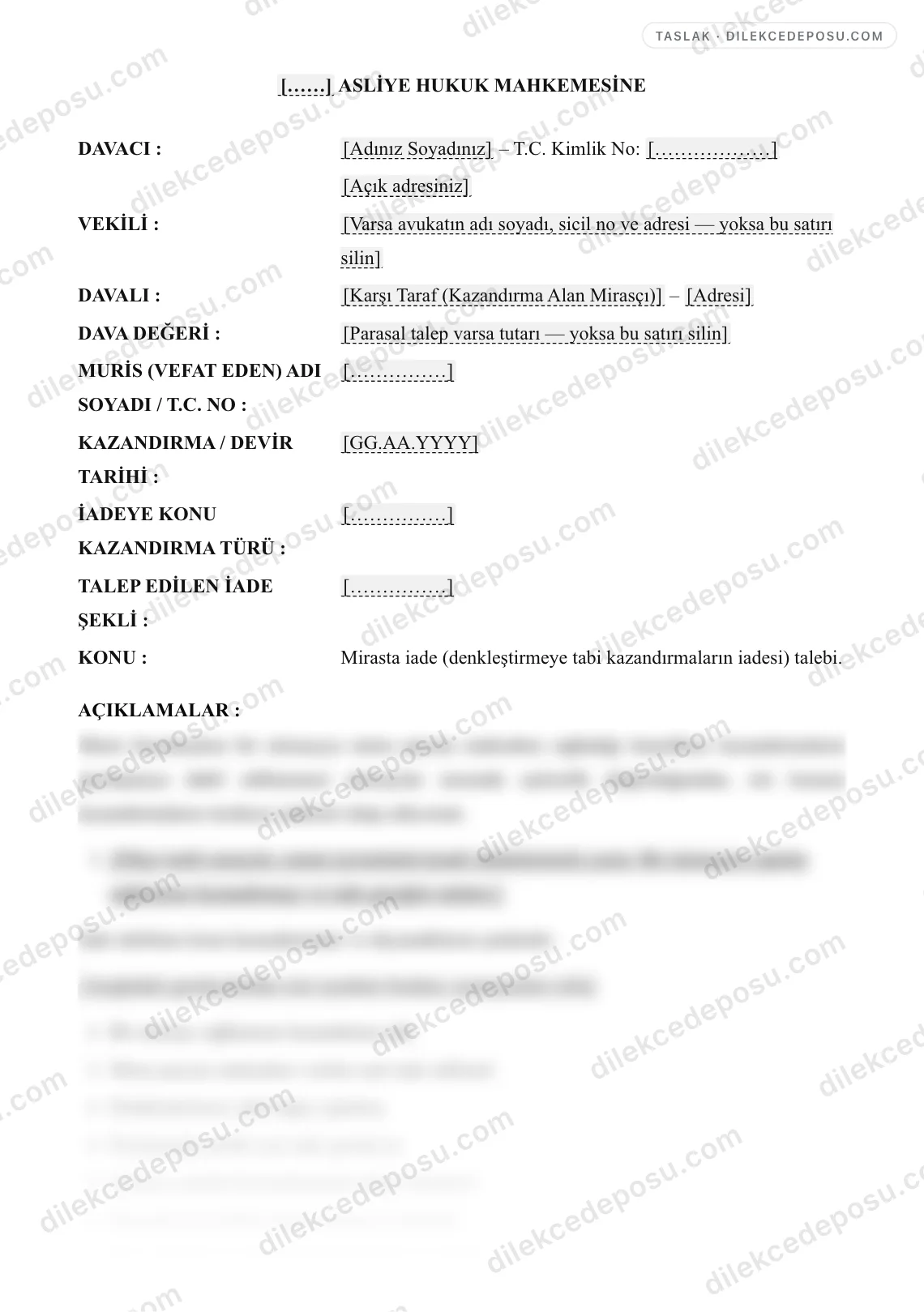 Mirasta İade Davası Örneği – taslağın ilk bölümünün önizlemesi
