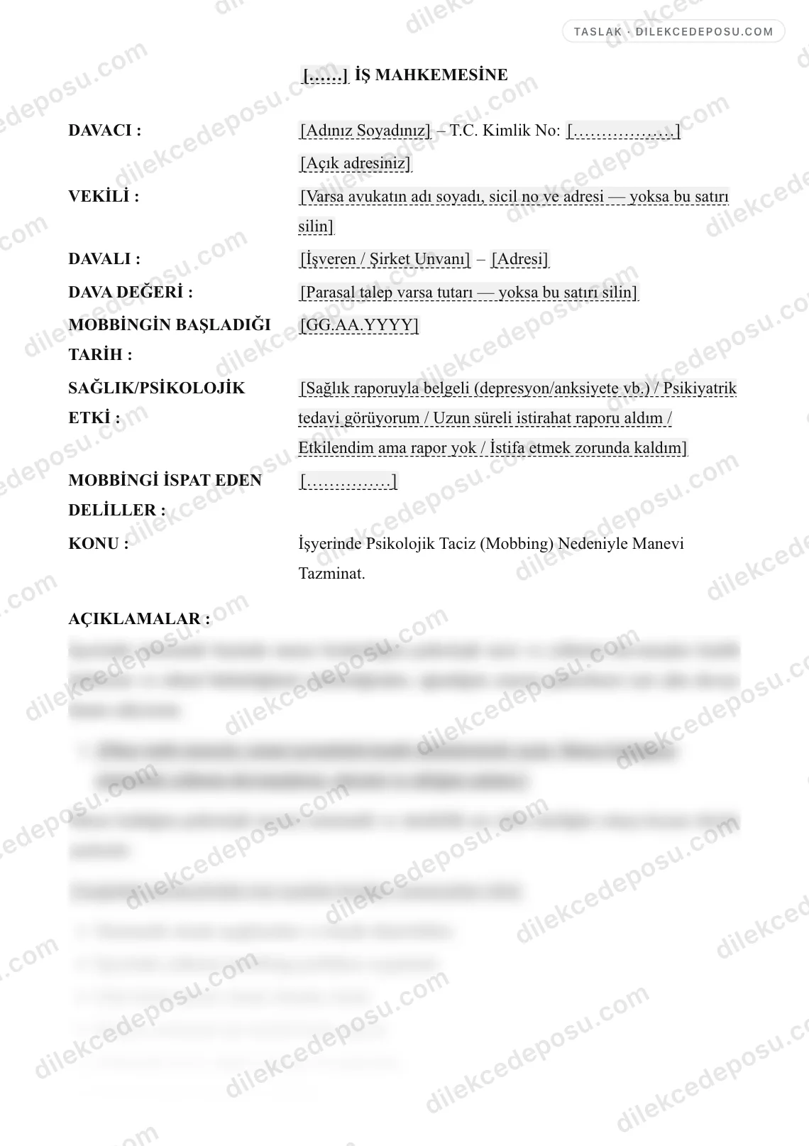 Mobbing Tazminat Davası Örneği – taslağın ilk bölümünün önizlemesi