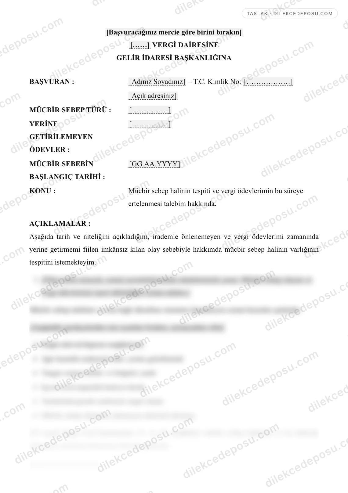 Mücbir Sebep Halinin Tespiti/Bildirimi Dilekçesi Örneği – taslağın ilk bölümünün önizlemesi