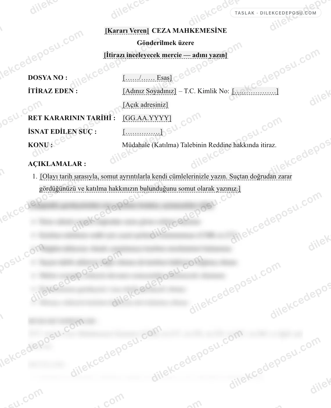 Müdahale (Katılma) Talebinin Reddine İtiraz Dilekçesi (CMK m.238) Örneği – taslağın ilk bölümünün önizlemesi