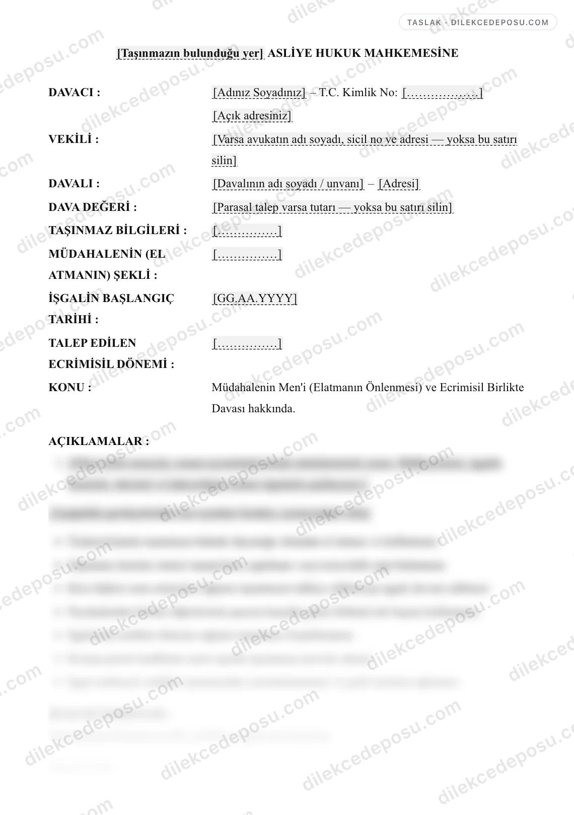 Müdahalenin Men'i (Elatmanın Önlenmesi) ve Ecrimisil Birlikte Davası Dilekçesi Örneği – taslağın ilk bölümünün önizlemesi
