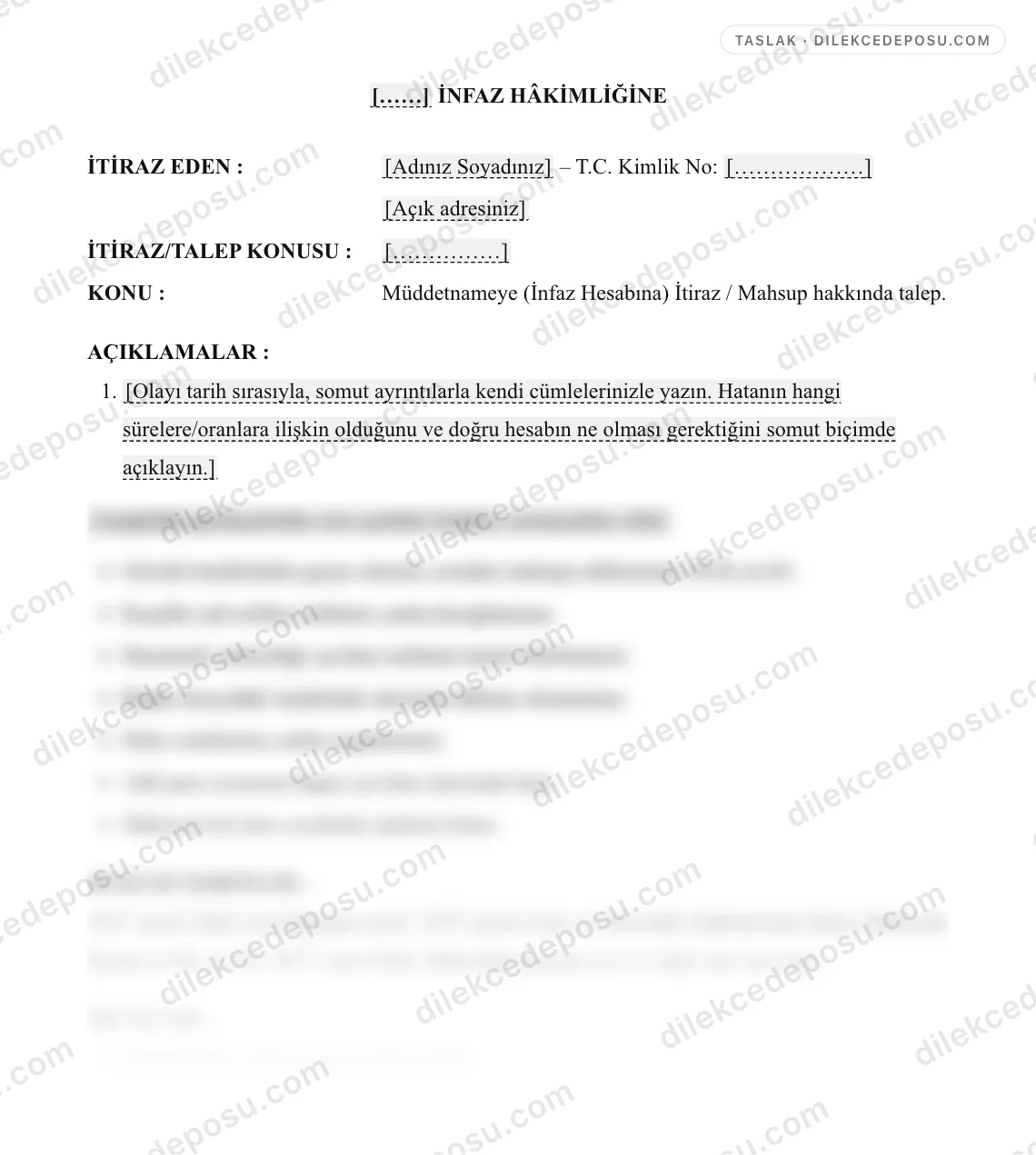 Müddetnameye (İnfaz Hesabına) İtiraz / Mahsup Talebi Dilekçesi Örneği – taslağın ilk bölümünün önizlemesi