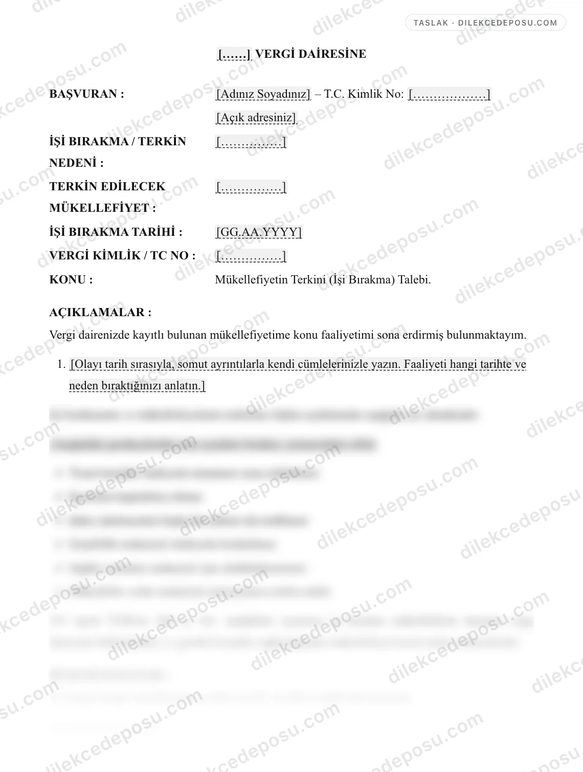Mükellefiyet Terkini (İşi Bırakma) Talep Dilekçesi Örneği – taslağın ilk bölümünün önizlemesi