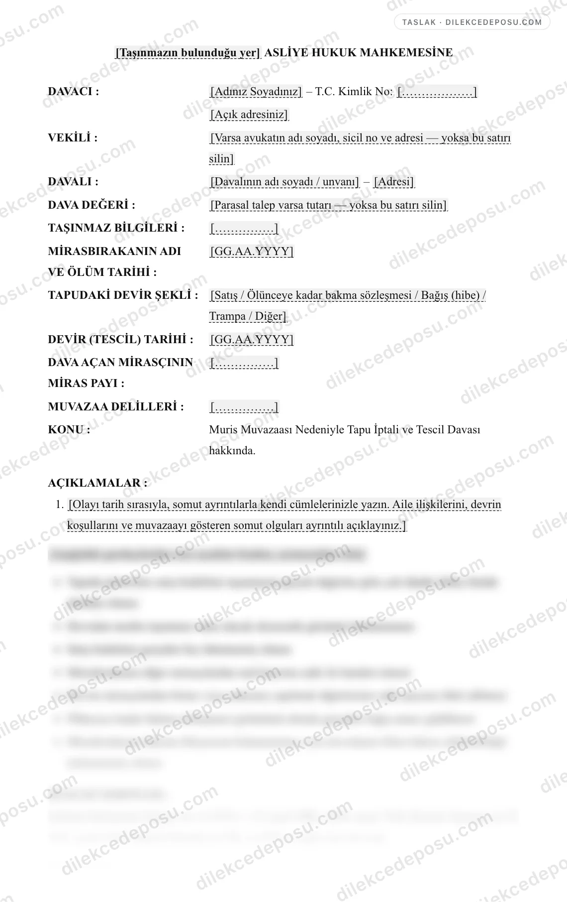 Muris Muvazaası Nedeniyle Tapu İptali ve Tescil Davası Dilekçesi (Saklı Pay Mirasçısı) Örneği – taslağın ilk bölümünün önizlemesi