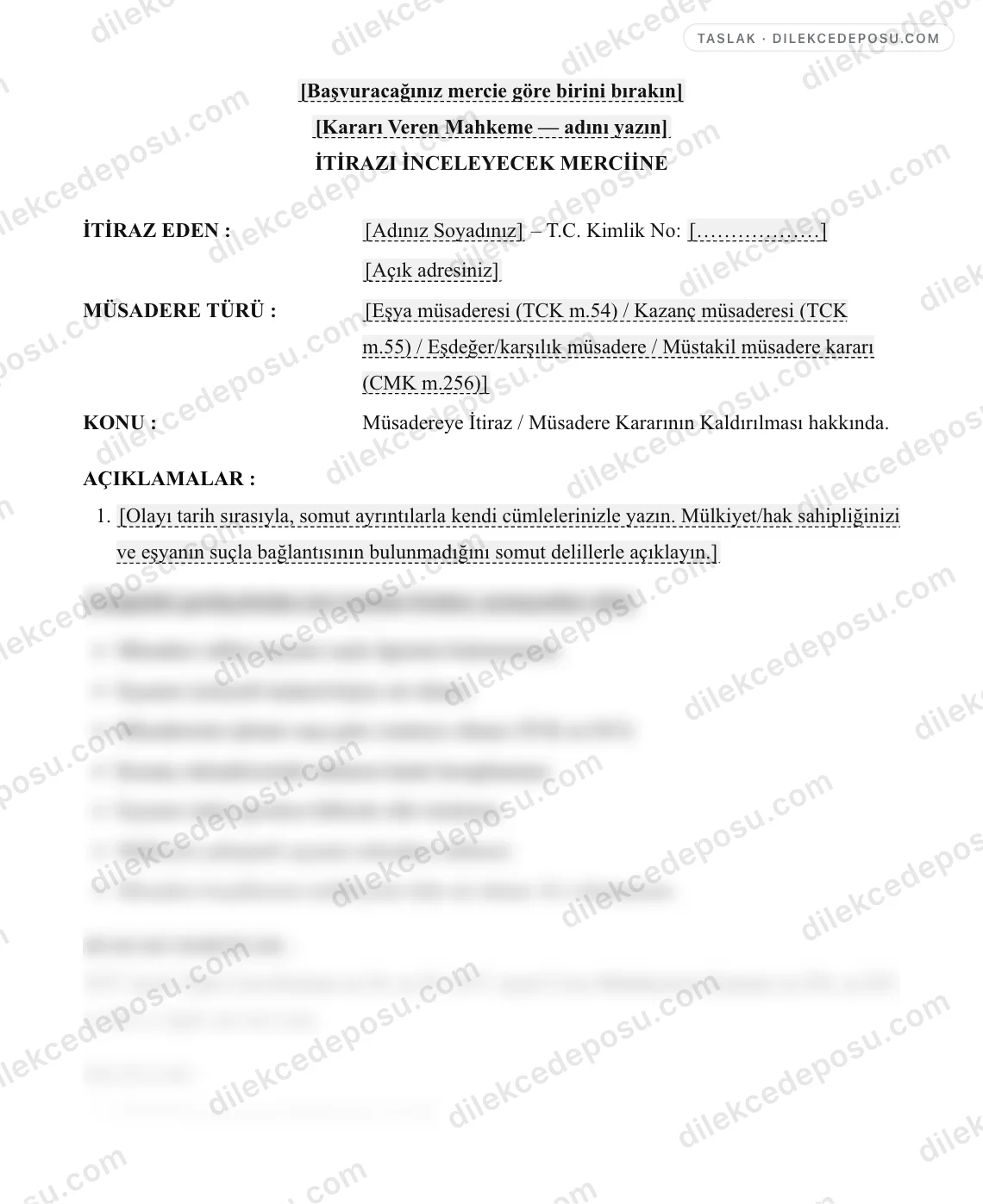 Müsadereye İtiraz / Müsadere Kararının Kaldırılması Dilekçesi Örneği – taslağın ilk bölümünün önizlemesi