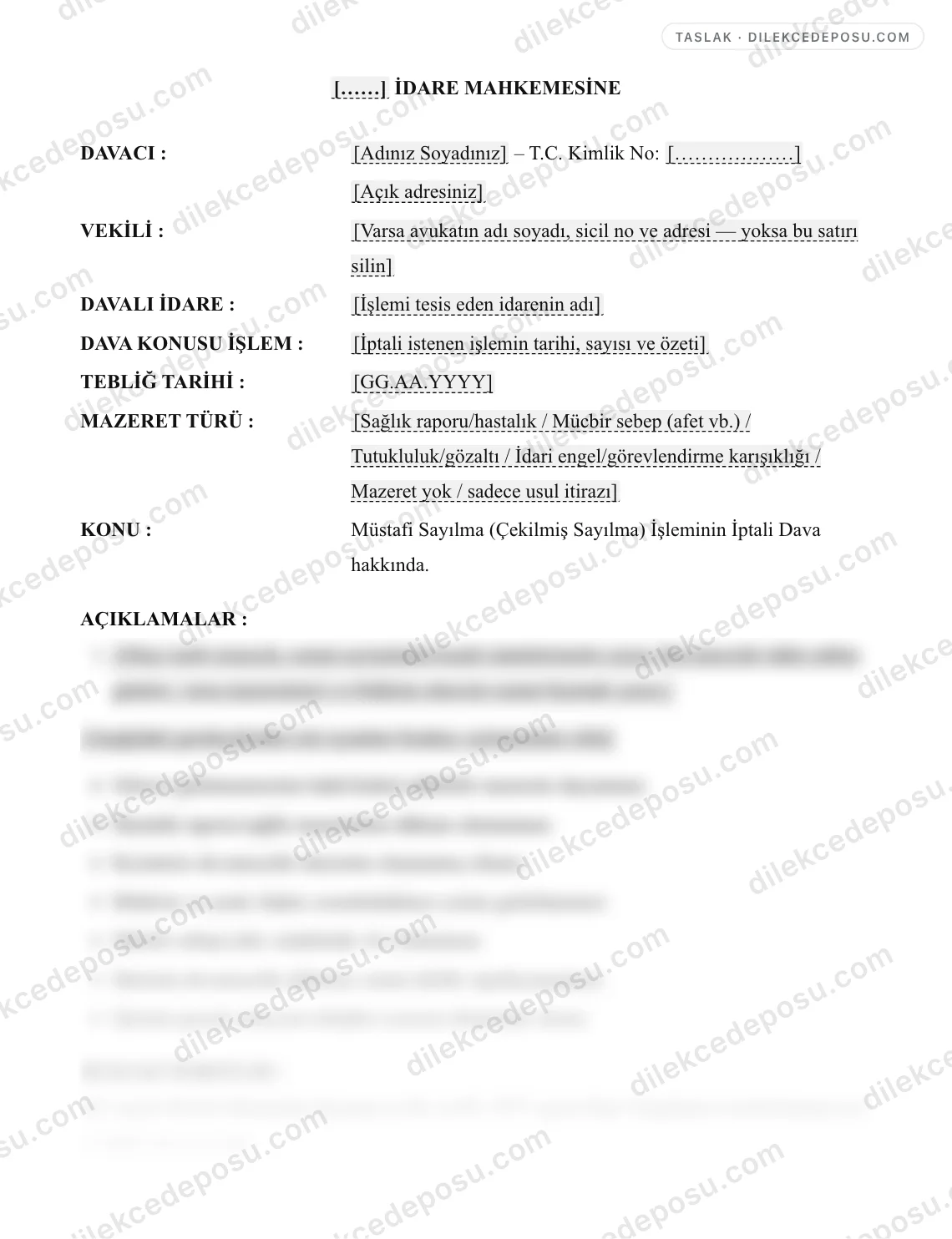 Müstafi Sayılma (Çekilmiş Sayılma) İşleminin İptali Dava Dilekçesi Örneği – taslağın ilk bölümünün önizlemesi