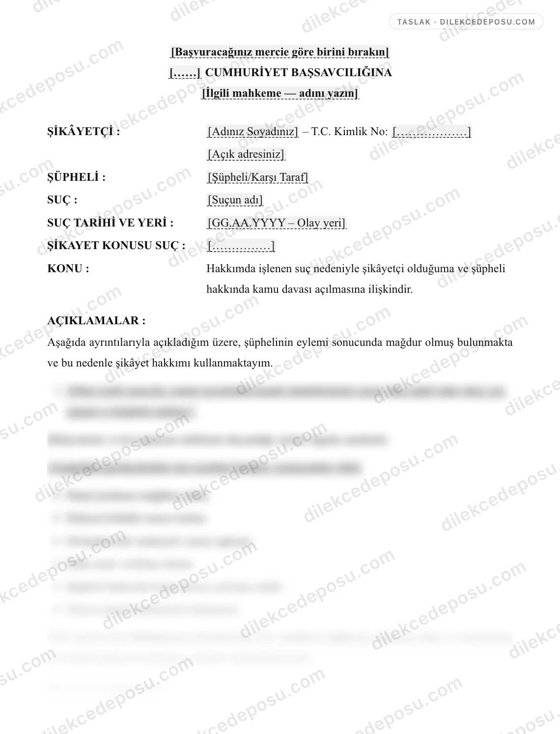 Müşteki Dilekçesi Örneği – taslağın ilk bölümünün önizlemesi
