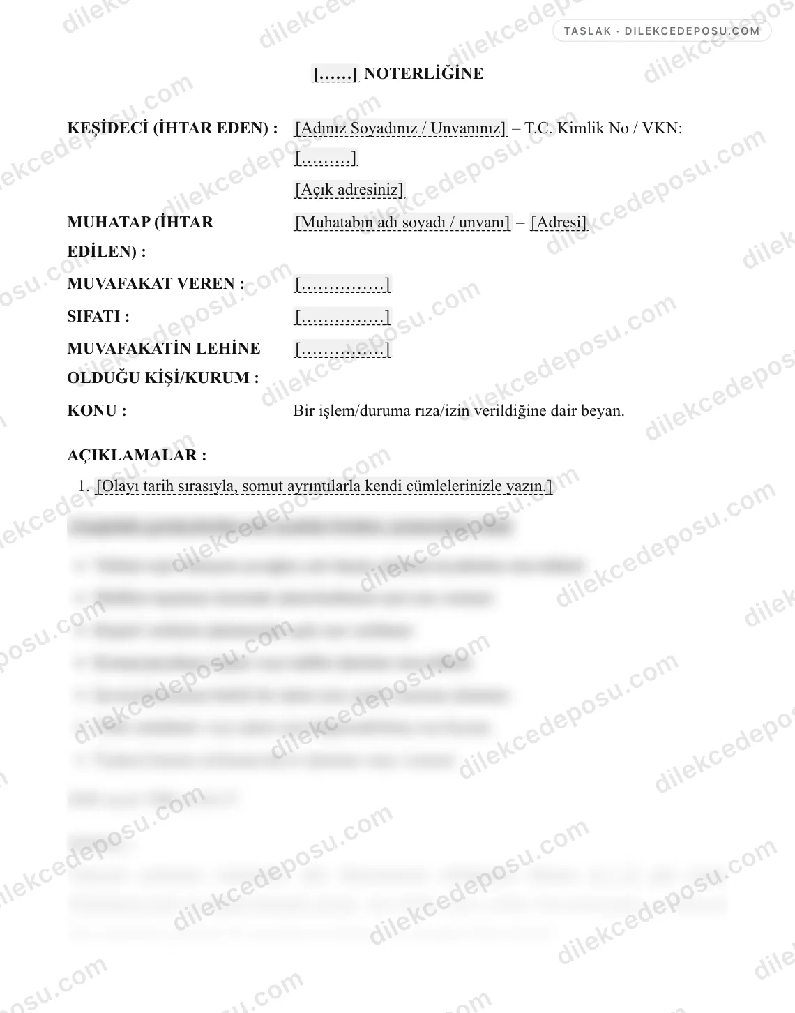 Muvafakatname (Rıza Belgesi) Örneği – taslağın ilk bölümünün önizlemesi