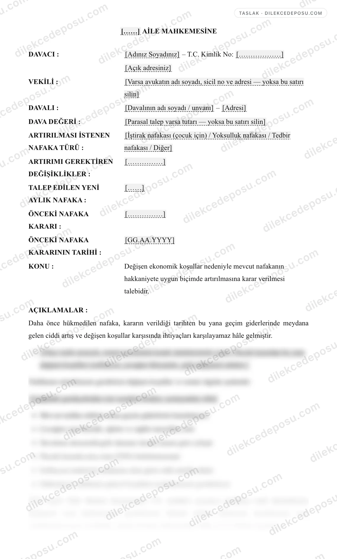 Nafaka Artırım Davası Örneği – taslağın ilk bölümünün önizlemesi