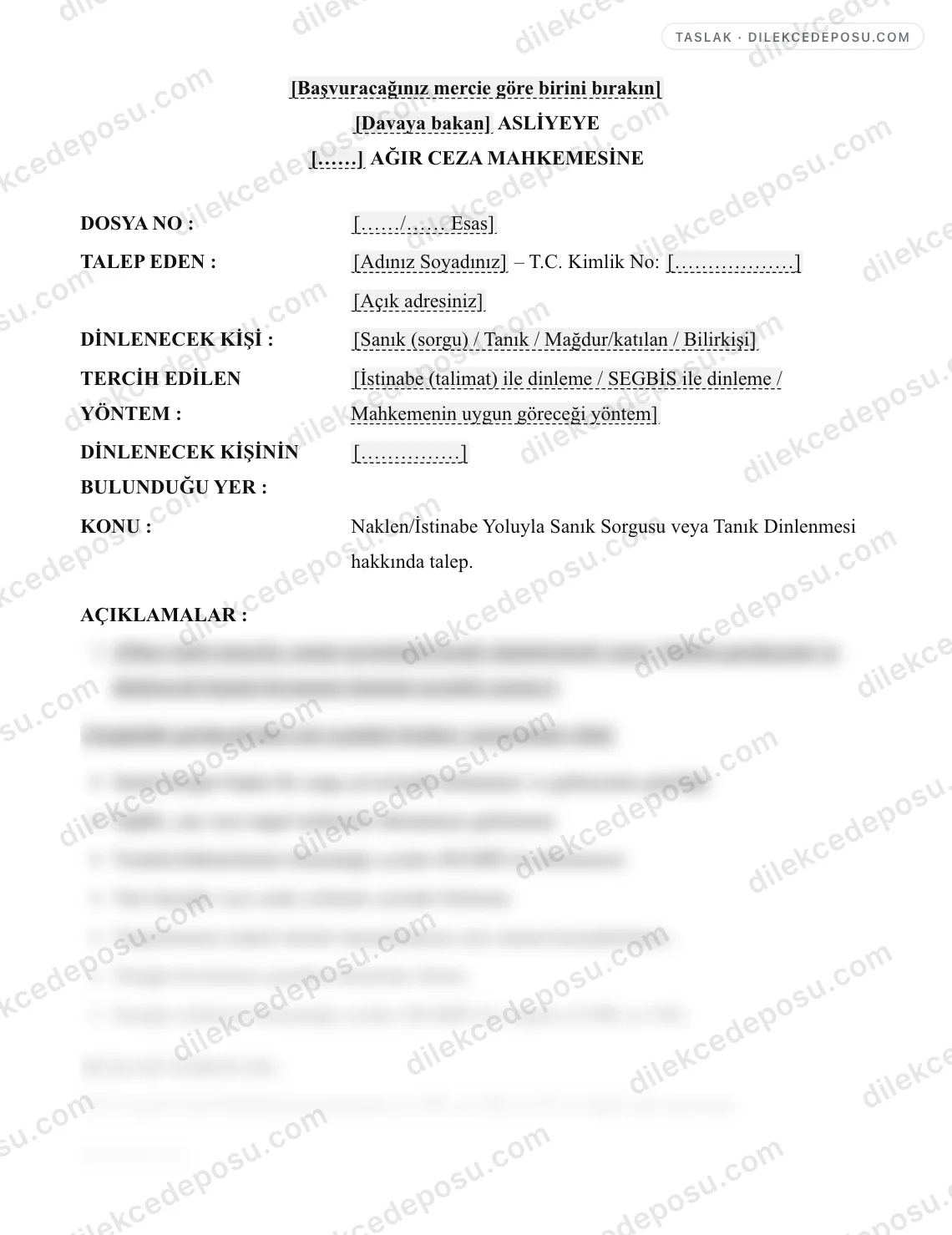 Naklen/İstinabe Yoluyla Sanık Sorgusu veya Tanık Dinlenmesi Talebi Dilekçesi (Ceza) Örneği – taslağın ilk bölümünün önizlemesi