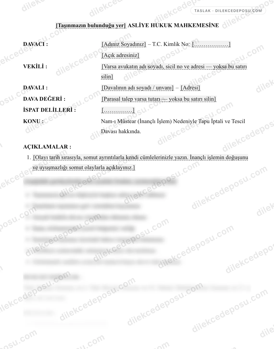 Nam-ı Müstear (İnançlı İşlem) Nedeniyle Tapu İptali ve Tescil Davası Örneği – taslağın ilk bölümünün önizlemesi