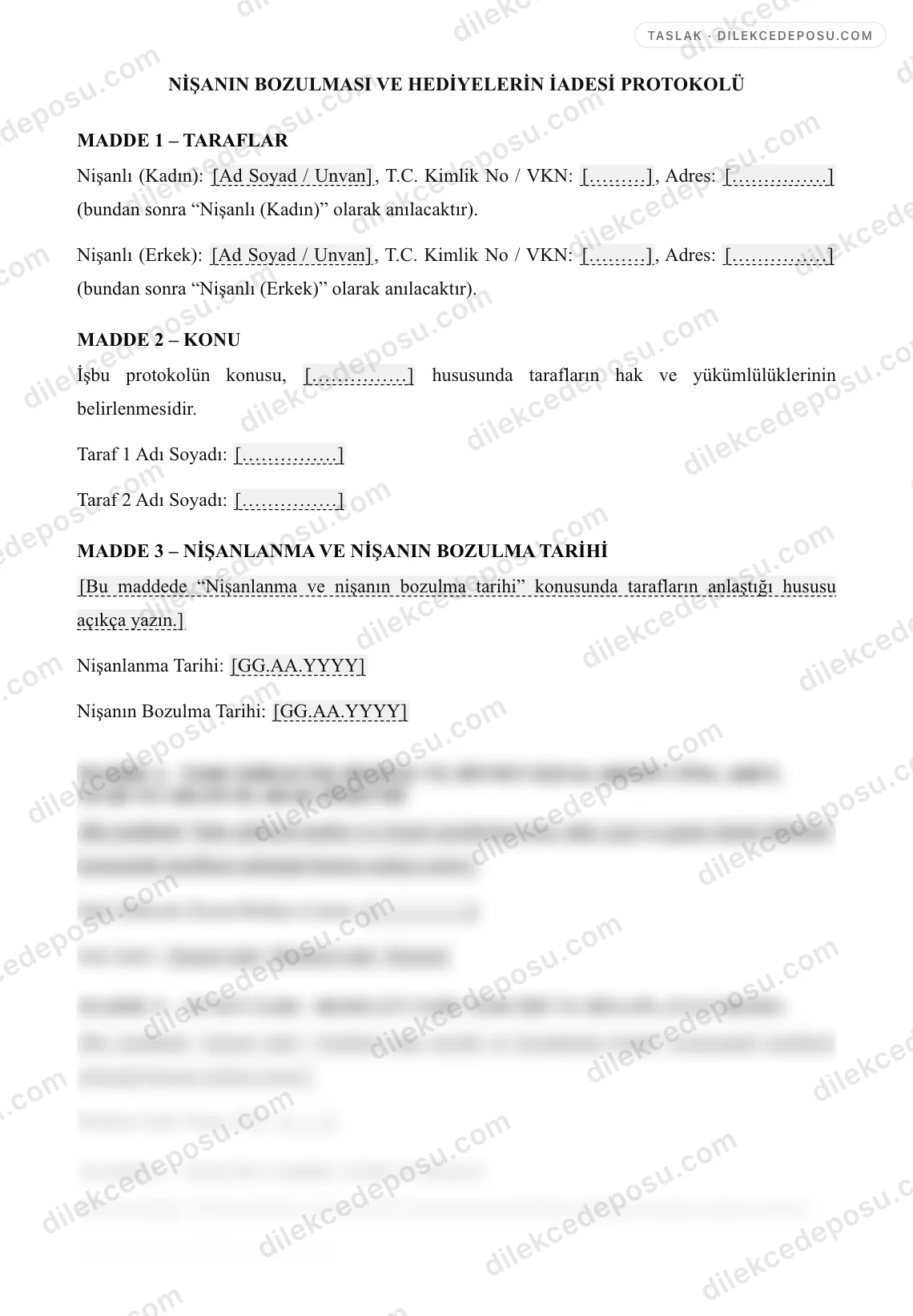 Nişanın Bozulması ve Hediyelerin İadesi Protokolü Örneği – taslağın ilk bölümünün önizlemesi