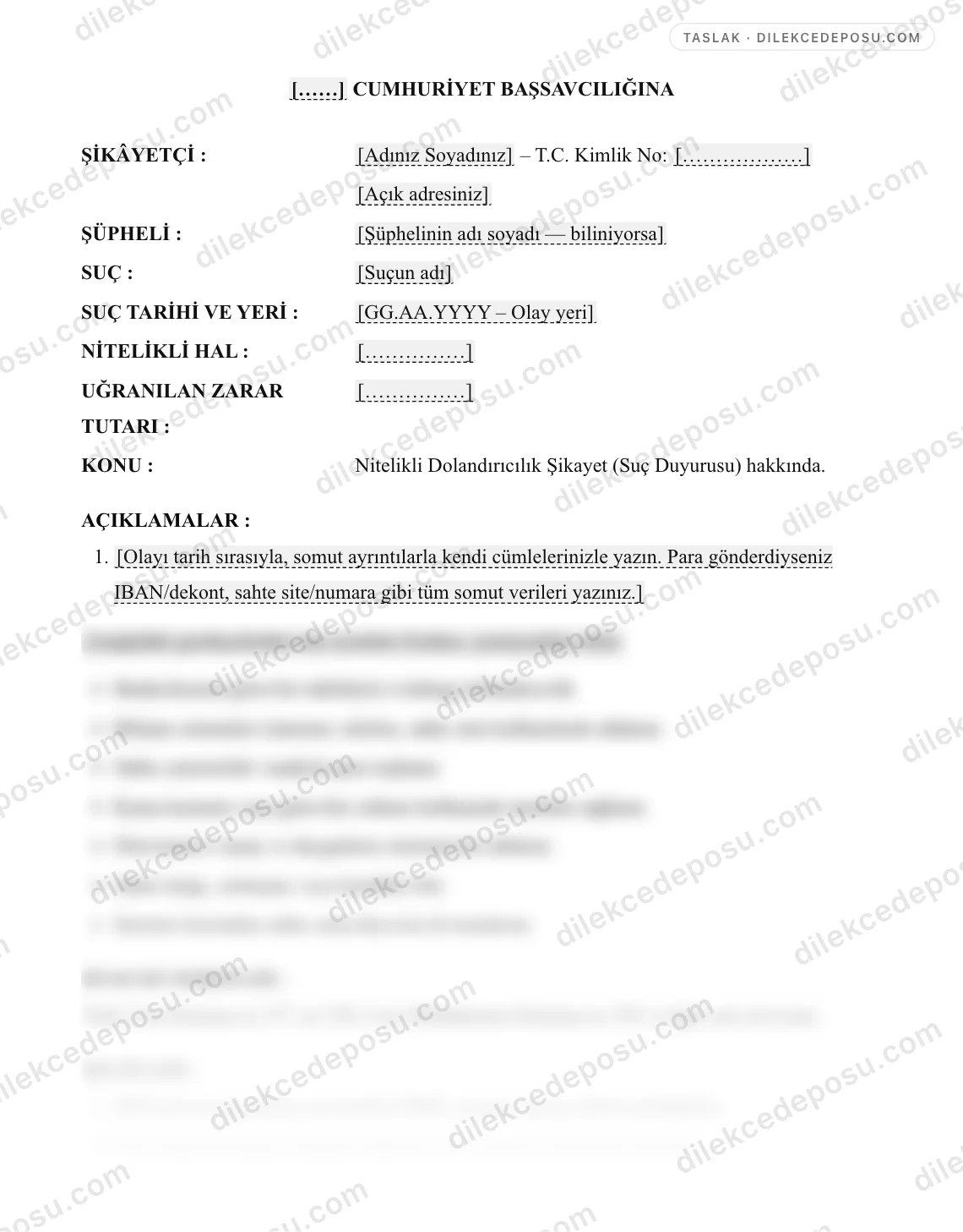 Nitelikli Dolandırıcılık Şikayet (Suç Duyurusu) Dilekçesi Örneği – taslağın ilk bölümünün önizlemesi