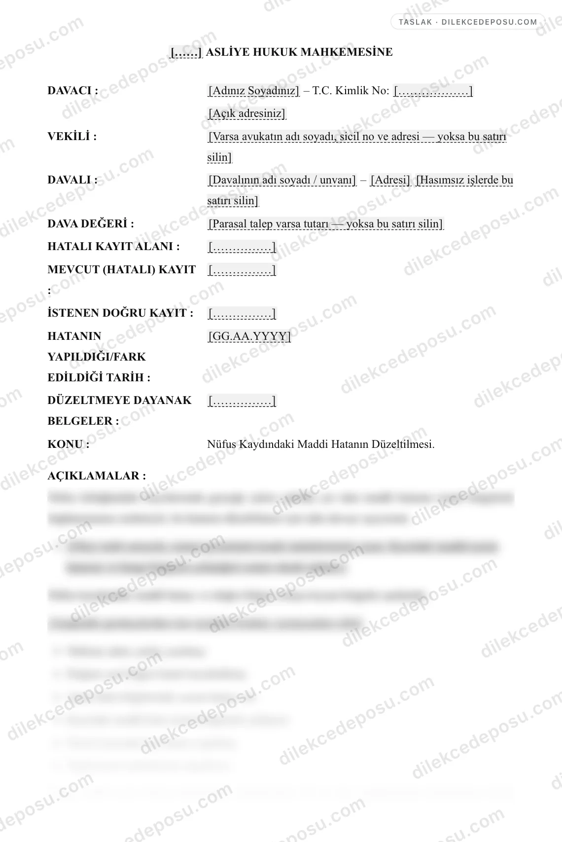 Nüfus Kayıt Düzeltme (Maddi Hata) Davası Örneği – taslağın ilk bölümünün önizlemesi