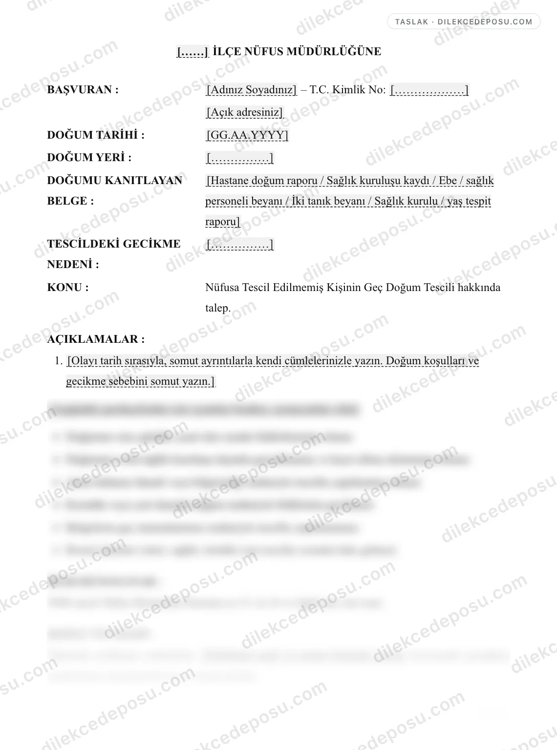 Nüfusa Tescil Edilmemiş Kişinin Geç Doğum Tescili Talep Dilekçesi Örneği – taslağın ilk bölümünün önizlemesi