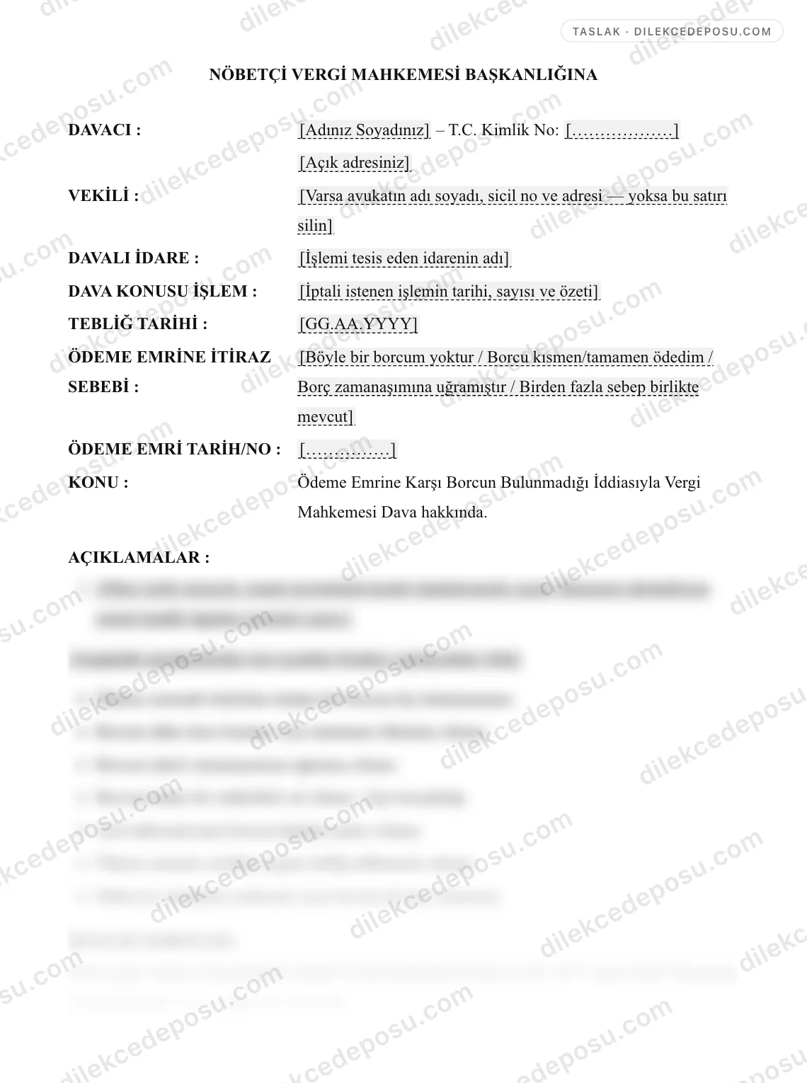Ödeme Emrine Karşı Borcun Bulunmadığı İddiasıyla Vergi Mahkemesi Dava Dilekçesi Örneği – taslağın ilk bölümünün önizlemesi