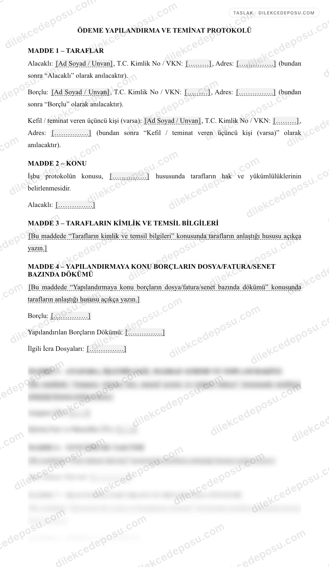 Ödeme Yapılandırma ve Teminat Protokolü Örneği – taslağın ilk bölümünün önizlemesi