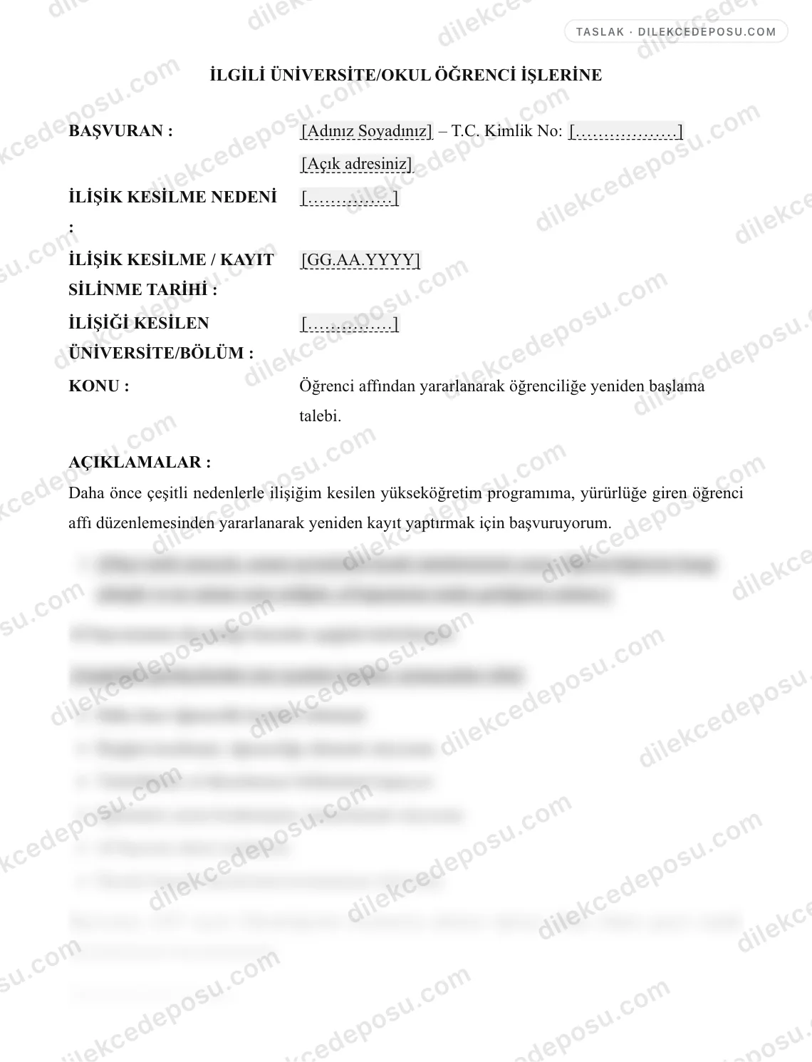 Öğrenci Affı Başvuru Dilekçesi Örneği – taslağın ilk bölümünün önizlemesi