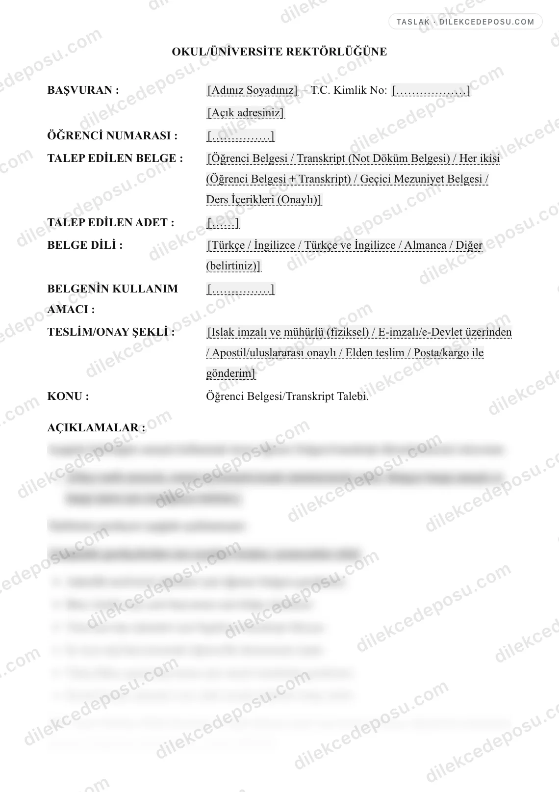 Öğrenci Belgesi/Transkript Talep Dilekçesi Örneği – taslağın ilk bölümünün önizlemesi