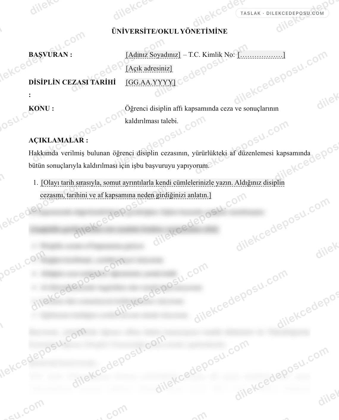 Öğrenci Disiplin Affı Başvuru Dilekçesi Örneği – taslağın ilk bölümünün önizlemesi