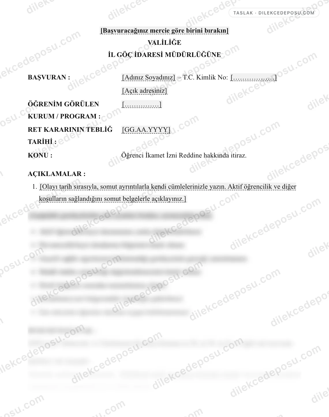 Öğrenci İkamet İzni Reddine İtiraz Dilekçesi Örneği – taslağın ilk bölümünün önizlemesi