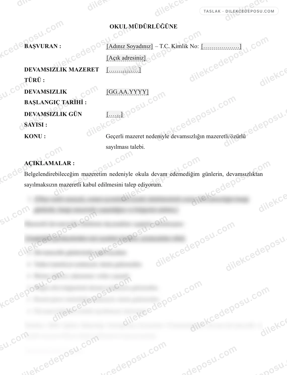 Okuldan Mazeretli Devam Dışı Talep Örneği – taslağın ilk bölümünün önizlemesi