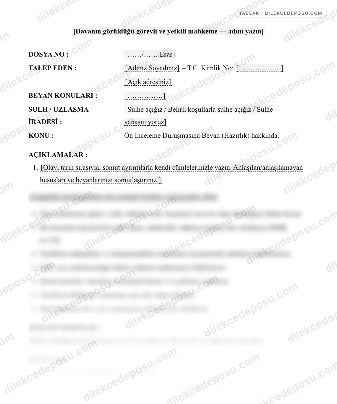 Ön İnceleme Duruşmasına Beyan (Hazırlık) Dilekçesi Örneği – taslağın ilk bölümünün önizlemesi