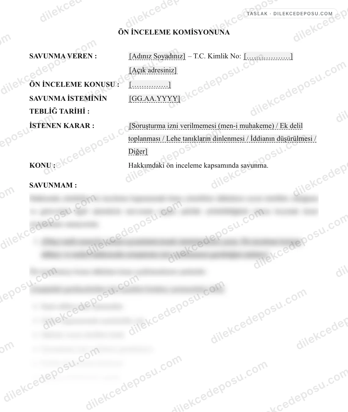 Ön İnceleme Savunma Dilekçesi Örneği – taslağın ilk bölümünün önizlemesi