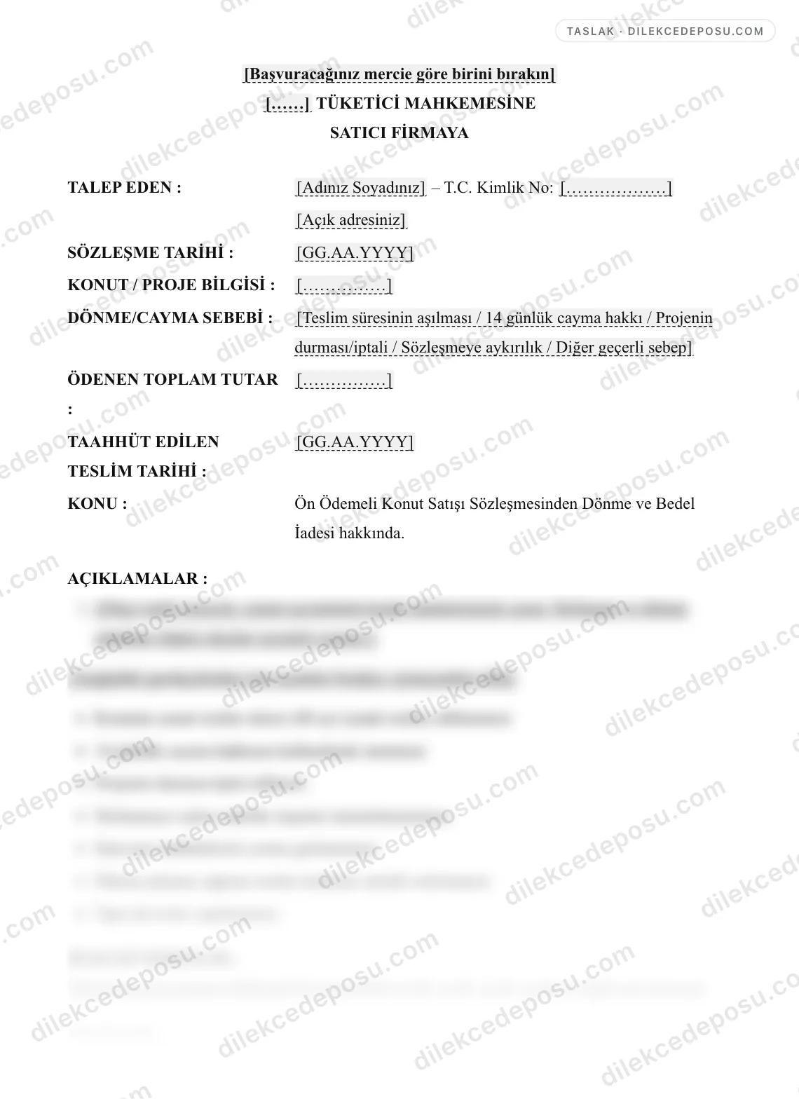 Ön Ödemeli Konut Satışı Sözleşmesinden Dönme ve Bedel İadesi Dilekçesi Örneği – taslağın ilk bölümünün önizlemesi