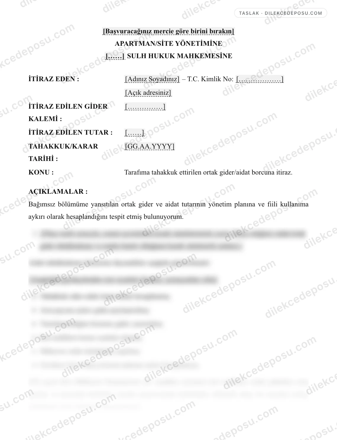 Ortak Gider/Aidat İtiraz Dilekçesi Örneği – taslağın ilk bölümünün önizlemesi
