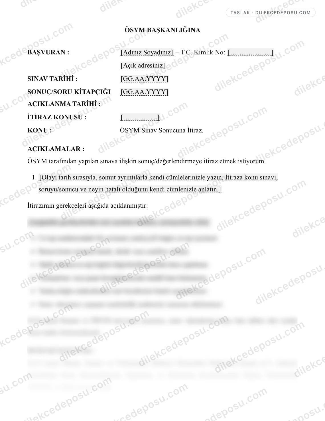 ÖSYM Sınav Sorusu/Sonucu İtiraz Dilekçesi Örneği – taslağın ilk bölümünün önizlemesi