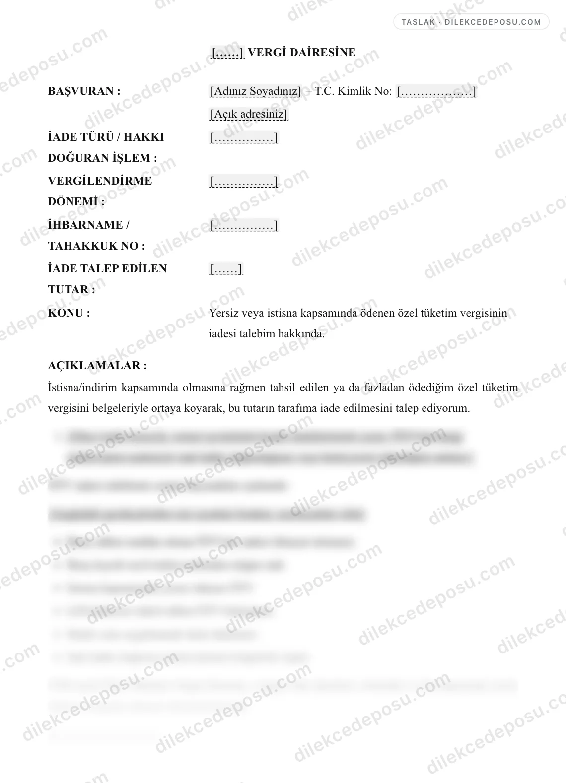 ÖTV İadesi Dilekçesi Örneği – taslağın ilk bölümünün önizlemesi
