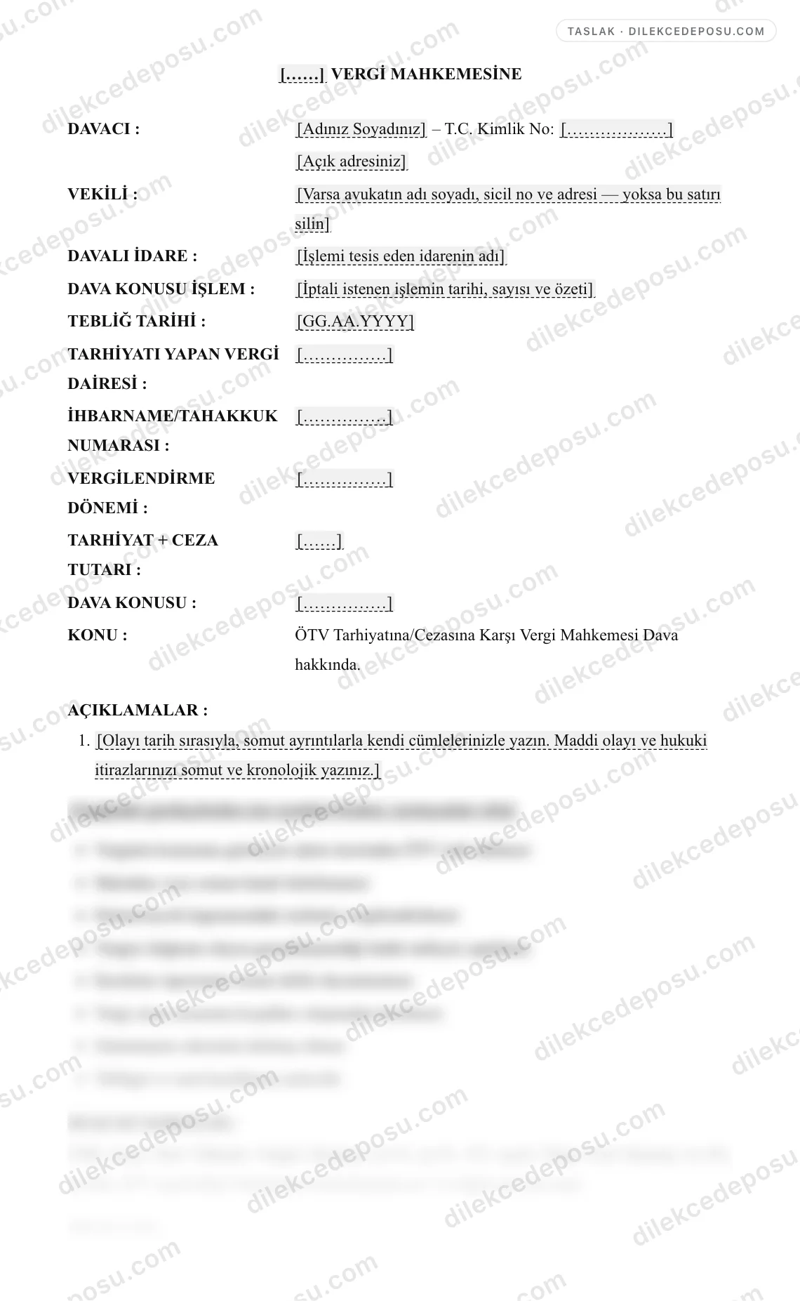 ÖTV Tarhiyatına/Cezasına Karşı Vergi Mahkemesi Dava Dilekçesi Örneği – taslağın ilk bölümünün önizlemesi