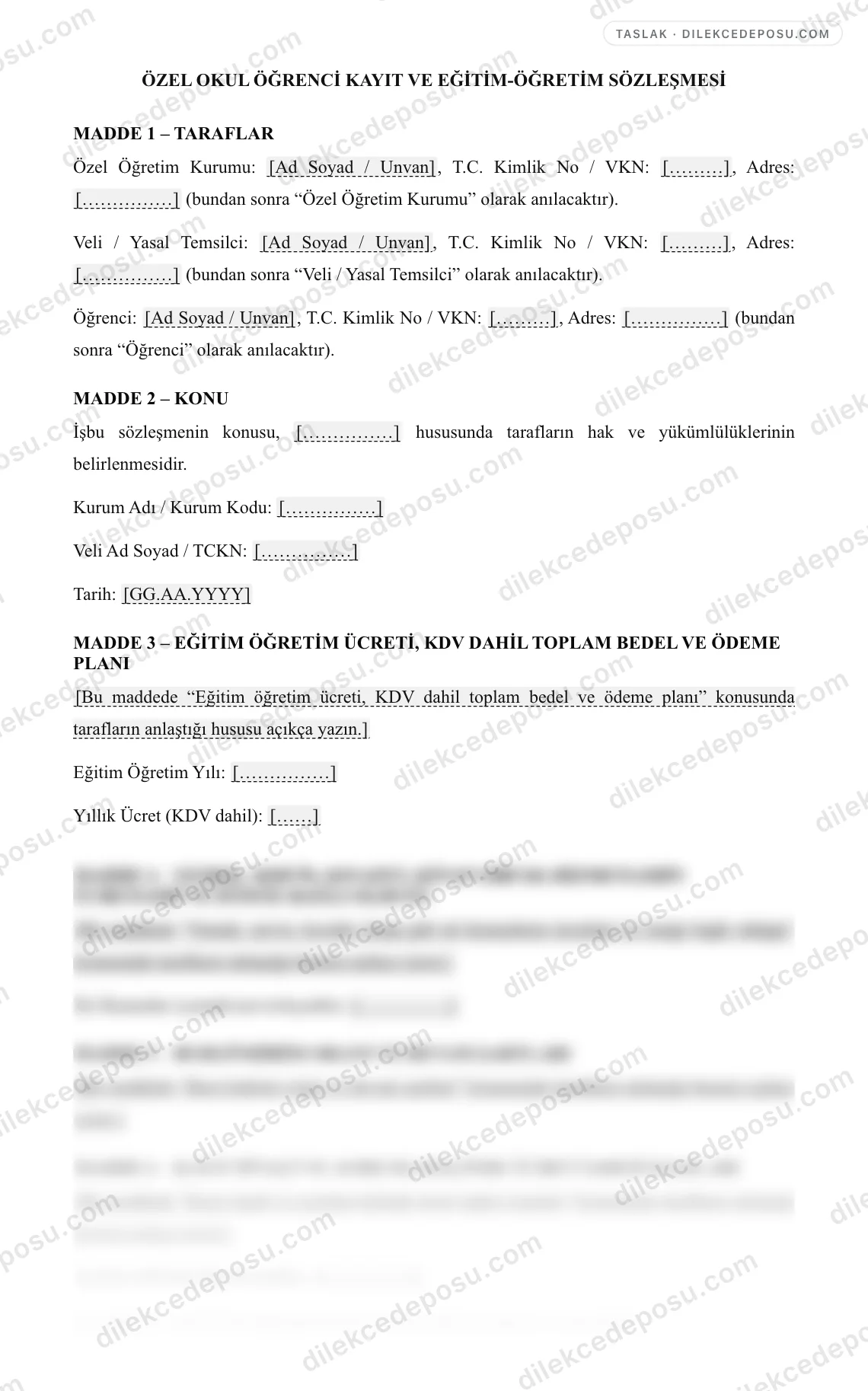 Özel Okul Öğrenci Kayıt ve Eğitim-Öğretim Sözleşmesi Örneği – taslağın ilk bölümünün önizlemesi