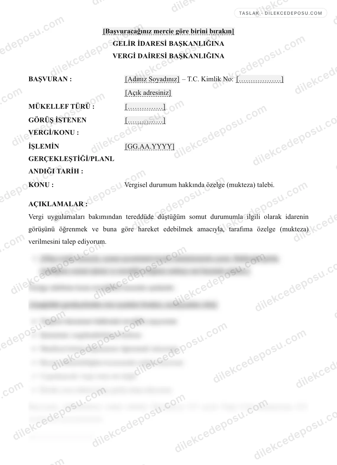 Özelge (Mukteza) Talep Dilekçesi Örneği – taslağın ilk bölümünün önizlemesi