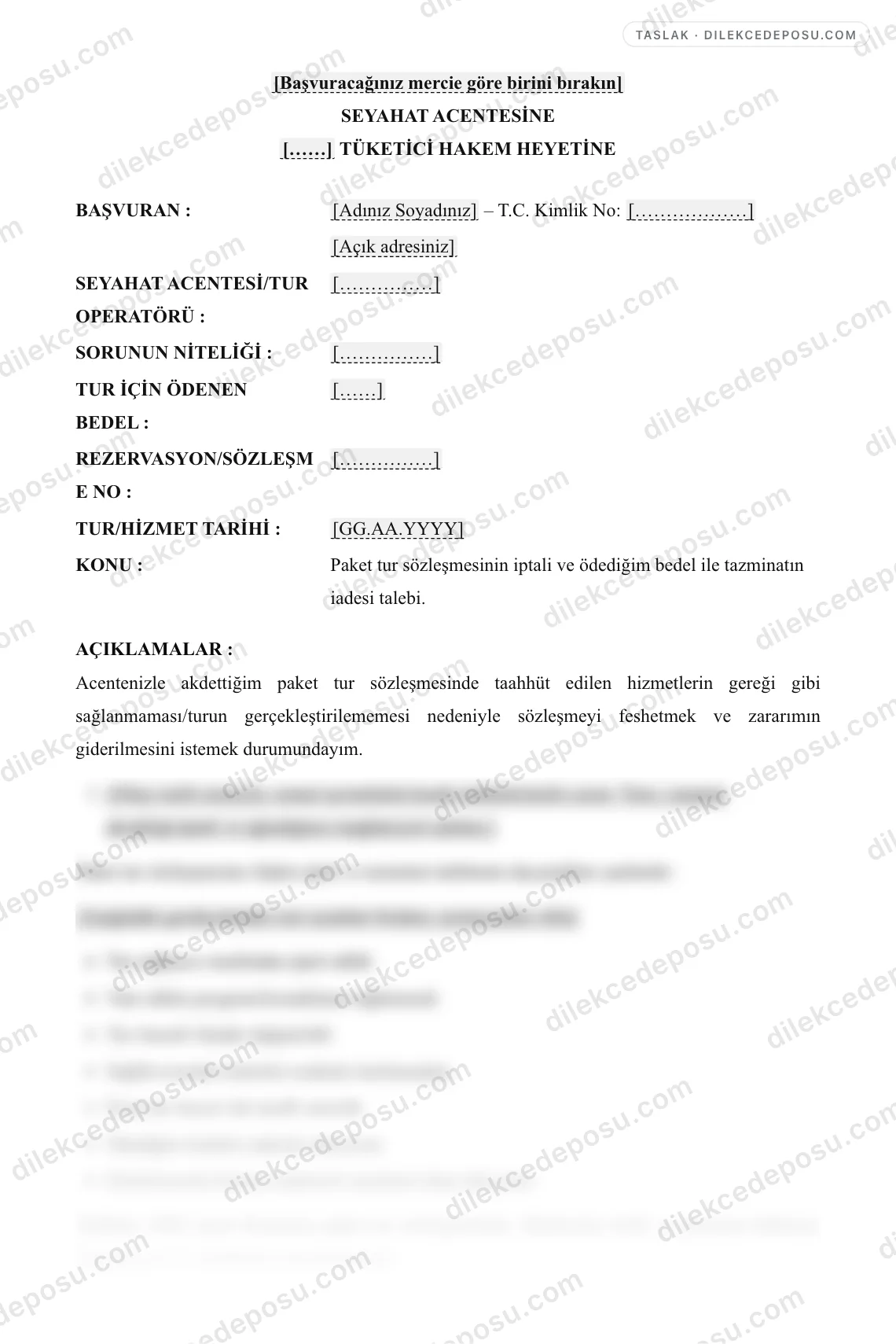 Paket Tur Sözleşmesi İptal/Tazminat Dilekçesi Örneği – taslağın ilk bölümünün önizlemesi