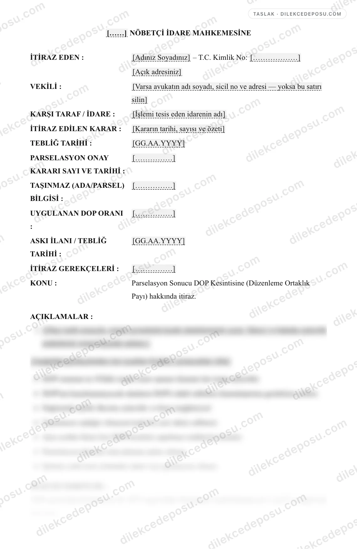 Parselasyon Sonucu DOP Kesintisine (Düzenleme Ortaklık Payı) İtiraz Dilekçesi Örneği – taslağın ilk bölümünün önizlemesi