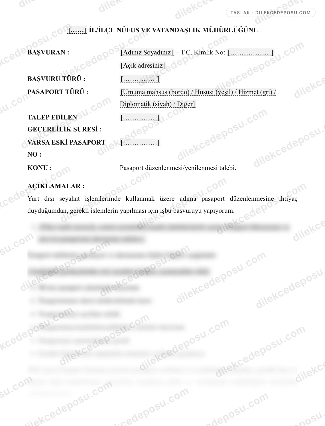 Pasaport Başvuru/Yenileme Dilekçesi Örneği – taslağın ilk bölümünün önizlemesi