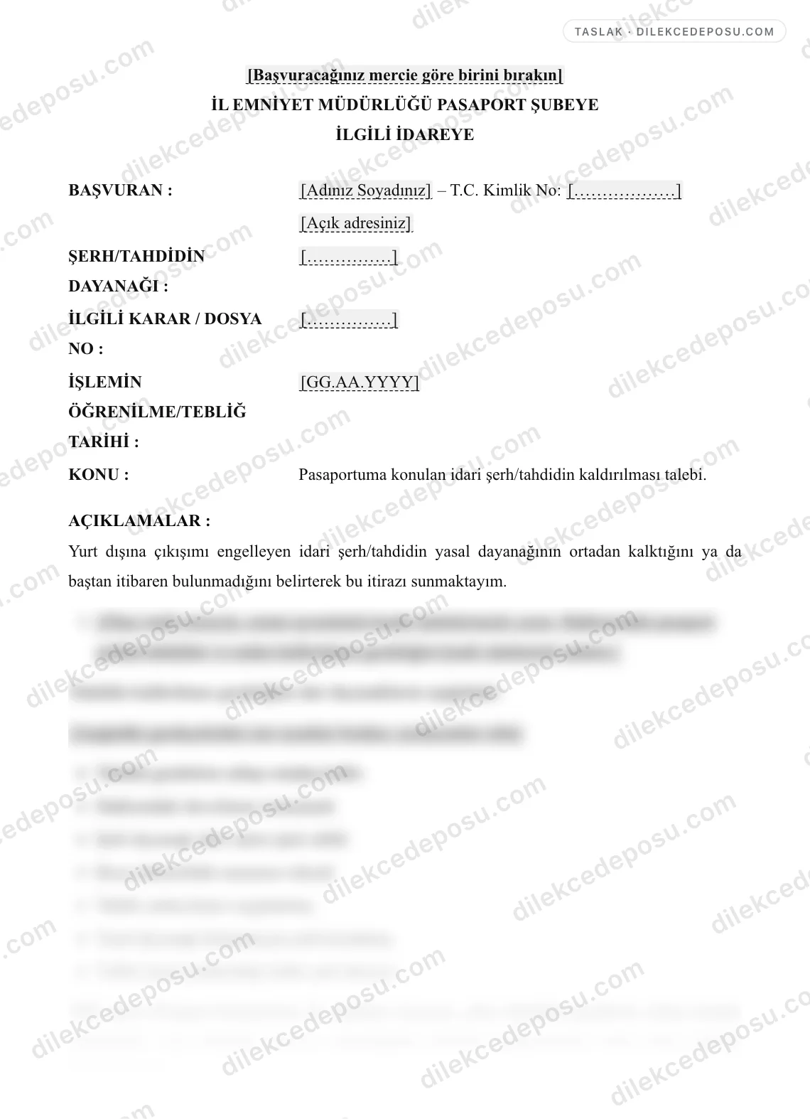 Pasaport İdari Şerh/Tahdit Kaldırma İtiraz Dilekçesi Örneği – taslağın ilk bölümünün önizlemesi