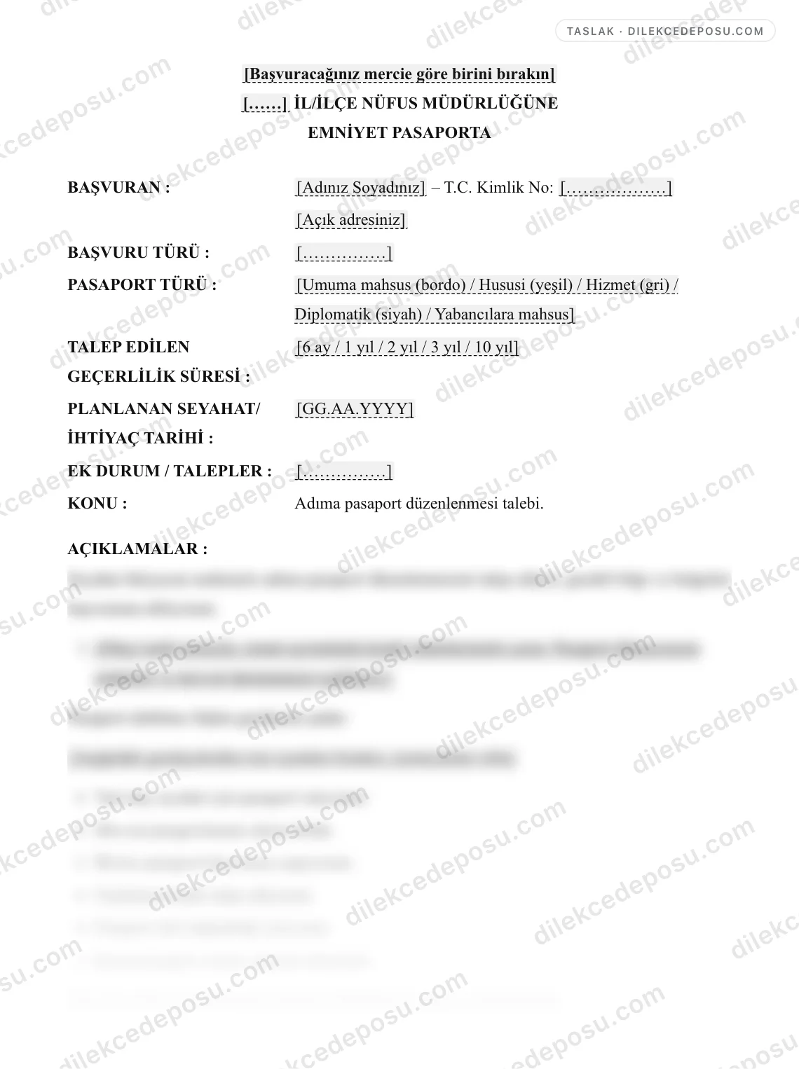 Pasaport Talep Dilekçesi Örneği – taslağın ilk bölümünün önizlemesi