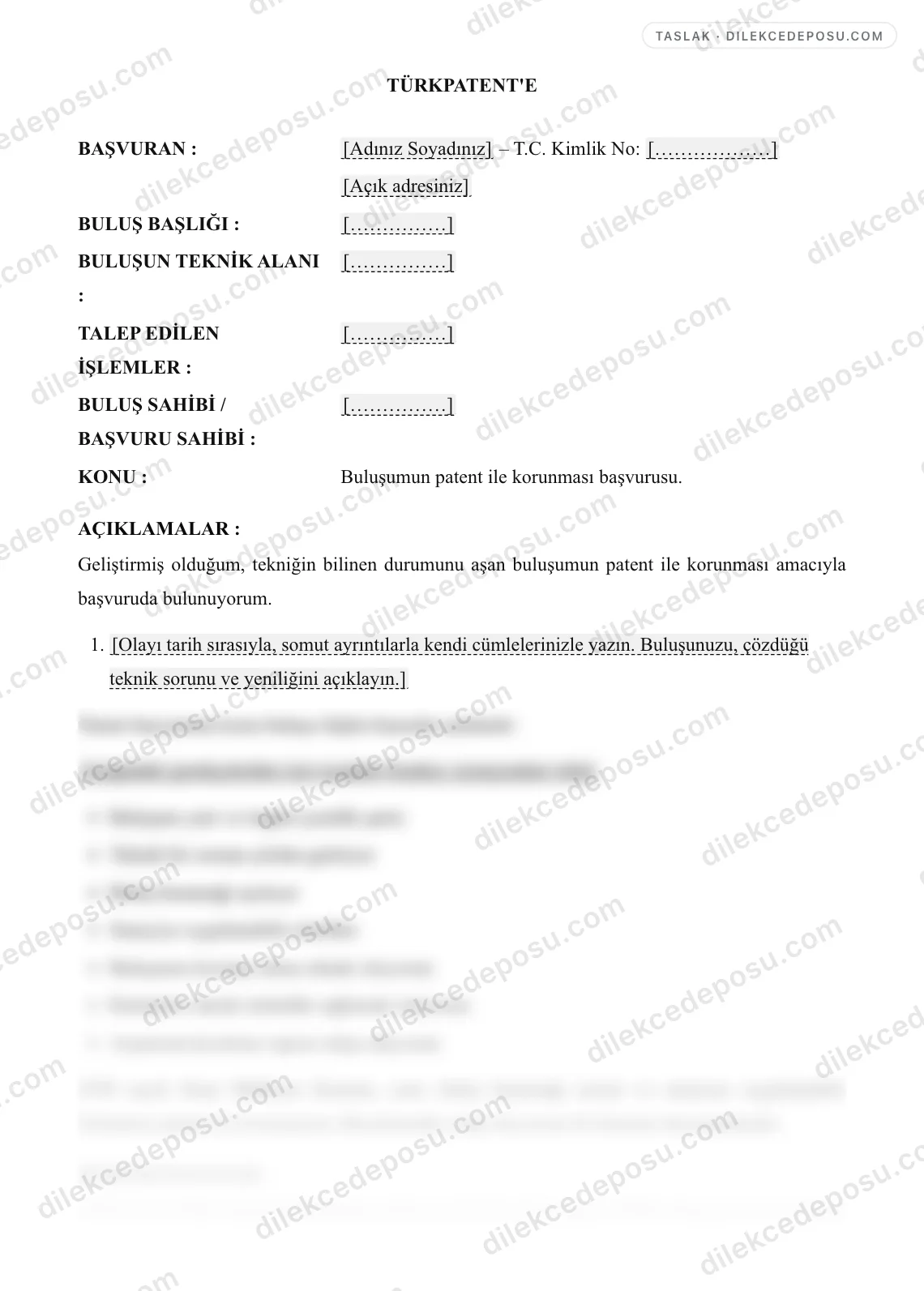 Patent Başvuru Dilekçesi Örneği – taslağın ilk bölümünün önizlemesi