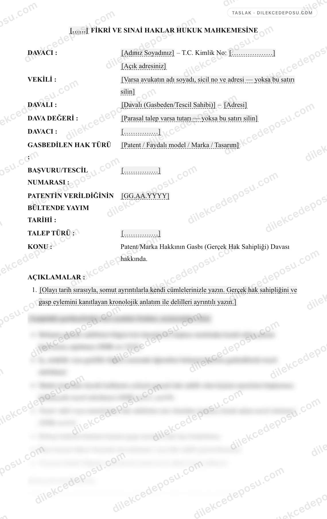 Patent/Marka Hakkının Gasbı (Gerçek Hak Sahipliği) Davası Örneği – taslağın ilk bölümünün önizlemesi